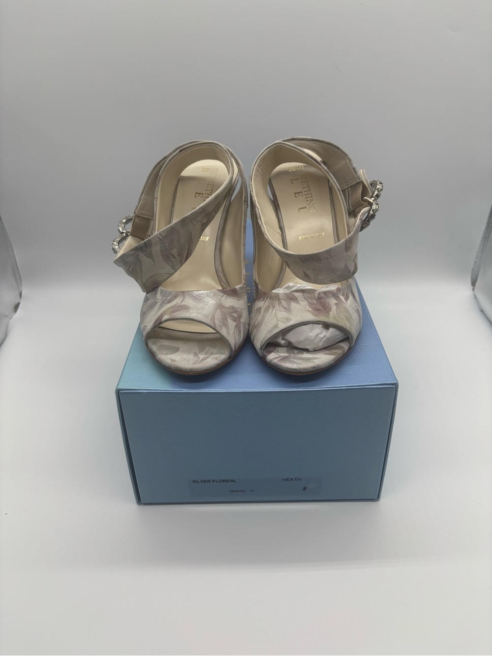 Something Bleu Silver Floral Peep-Toe Heels